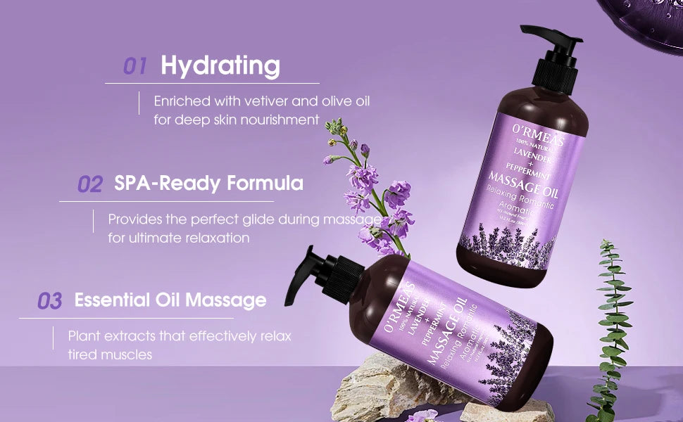 Lavender & Peppermint Infused Massage Body Oil - Warming & Moisturizing Formula for Men & Women, 10.2 Fl.Oz