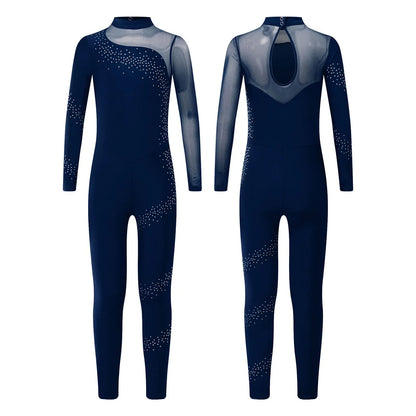 Kids Girls Ballet Dance Gymnastics Leotard Figure Skating Acrobatics Yoga Bodysuit Long Sleeve Shiny Rhinestone Mesh Jumpsuit