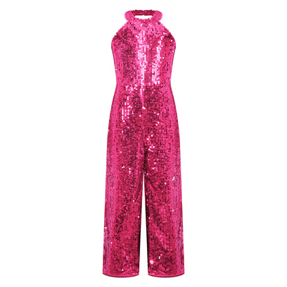 Kids Girls Jazz Dance Performance Jumpsuit Shiny Sequin Sleeveless Halter Romper Birthday Wedding Party Dancing Prom Bodysuit