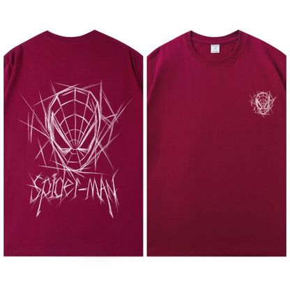 Spider Man New 2026 Back Print Graffiti Line Art T Shirt Men Women Summer Cotton Short Sleeve O Neck Oversized Black Streetwear Tops