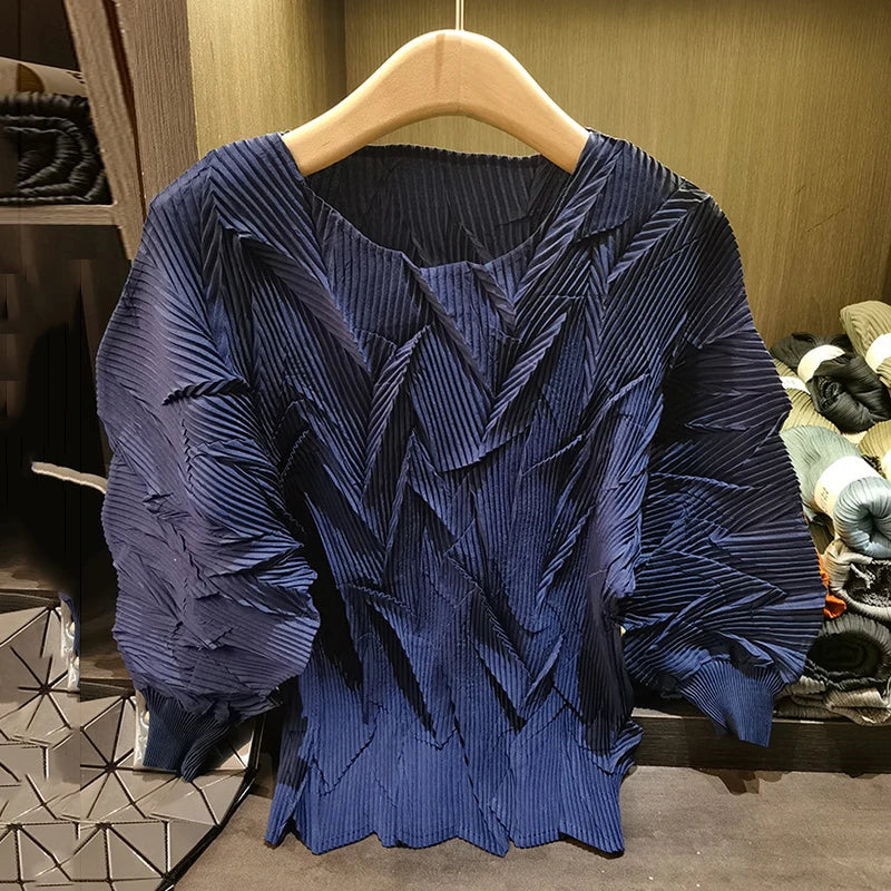 LANMREM New Batwing Sleeve Pleated Women's T-shirt American Style Loose Versatile Chic Round Collar Pullover Tops 2DB6558