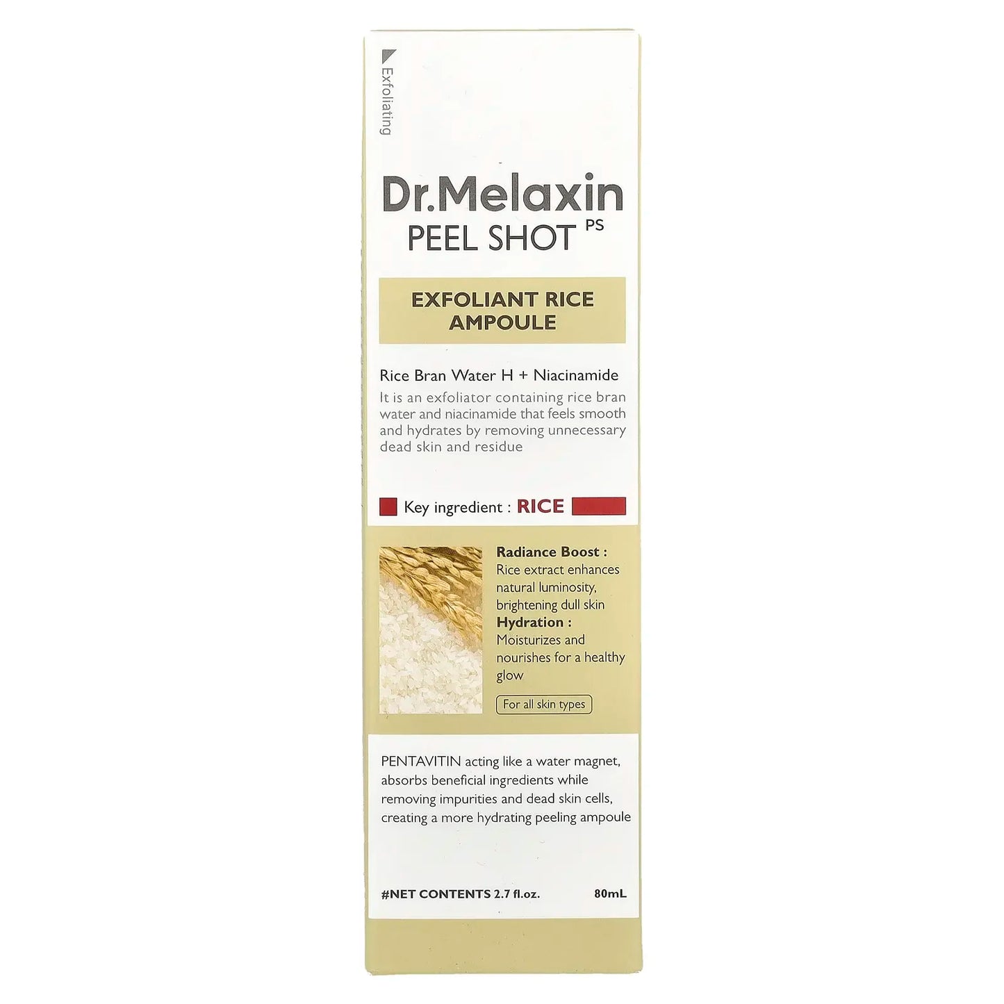 Dr. Melaxin Peel Shot Glow White Rice Peeling Ampoule with Rice Extract & AHA BHA, Brightening & Gentle Exfoliating Serum for Sebum Control,