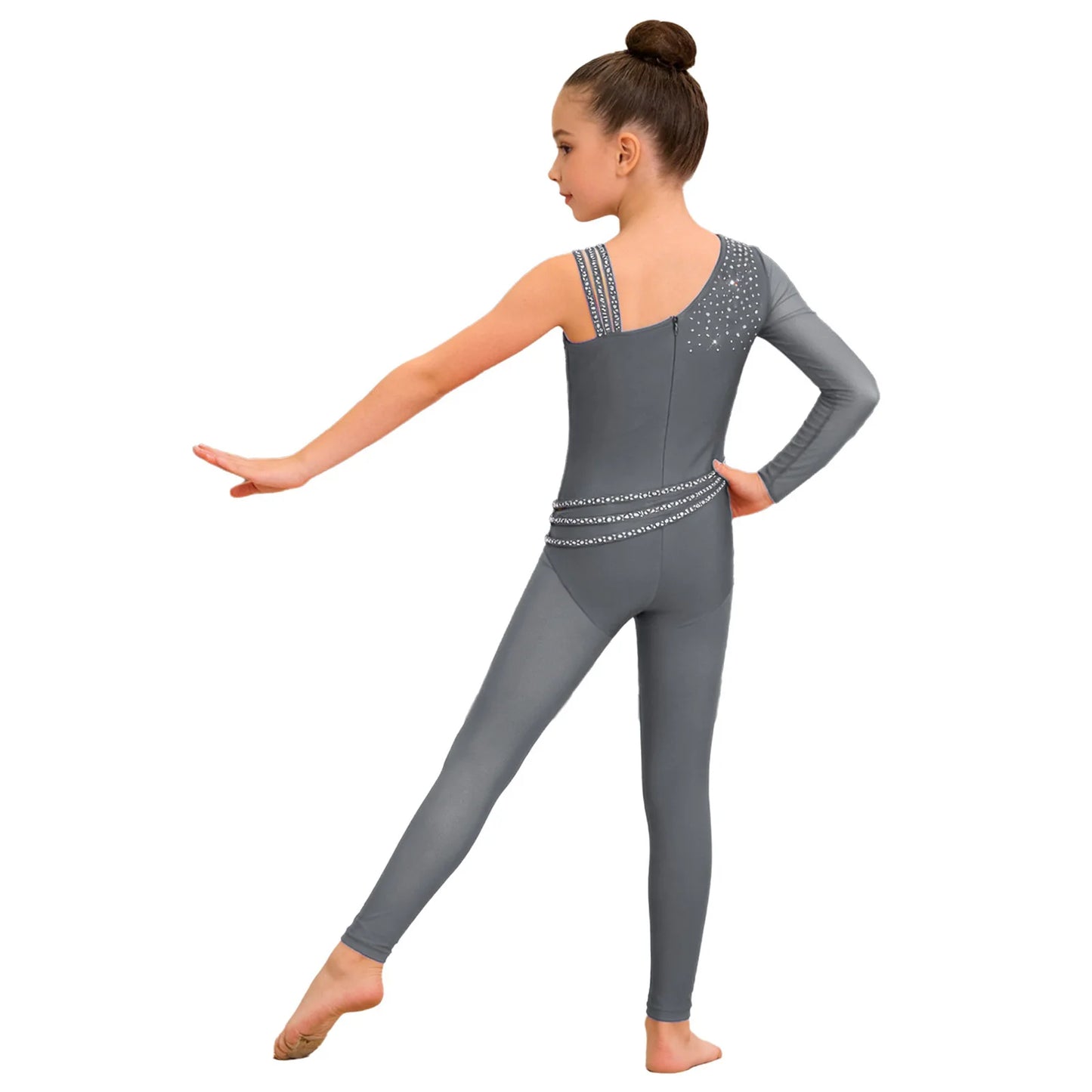 Kids Girls Ballet Dance Gymnastics Leotard Shiny Rhinestones Mesh Asymmetrical Jumpsuit for Figure Skating Acrobatic Performance