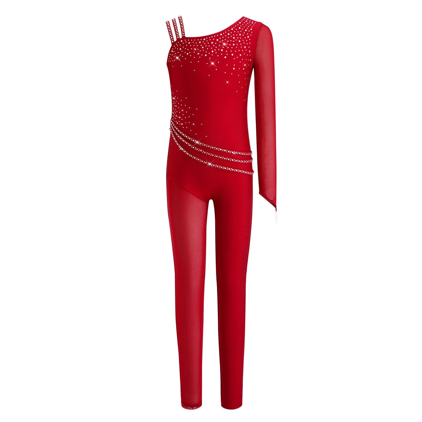 Kids Girls Ballet Dance Gymnastics Leotard Shiny Rhinestones Mesh Asymmetrical Jumpsuit for Figure Skating Acrobatic Performance