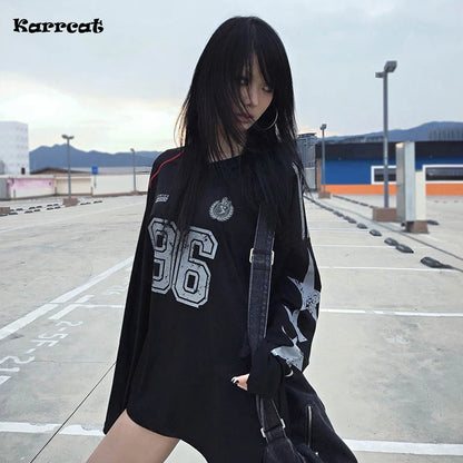 Karrcat Grunge Aesthetics Long Sleeve Jersey Tops Trashy 2000s Style Number Print T-shirt Japanese Y2k Streetwear American Retro