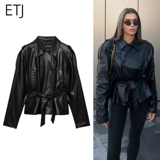 ETJ autumn new women's fashion belt imitation leather long sleeve short trench coat casual leather coat