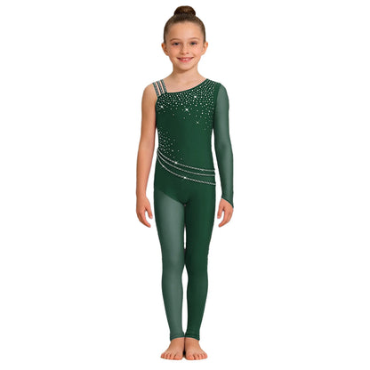 Kids Girls Ballet Dance Gymnastics Leotard Shiny Rhinestones Mesh Asymmetrical Jumpsuit for Figure Skating Acrobatic Performance