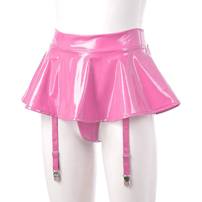 Sexy Womens Glossy Patent Leather Ruffle Mini Skirt Built-in Thongs Garter Belts Metal Clips Shorts Miniskirt Wet Look Clubwear