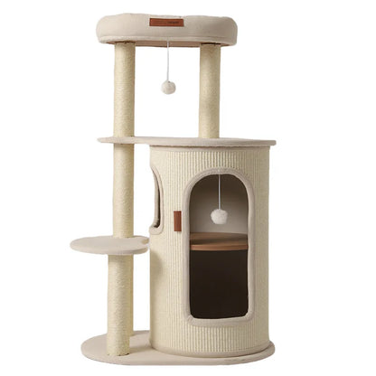 Cat Tree for Small Spaces Multi Level Scratching Post with Cat Condo and Sisal Barrel