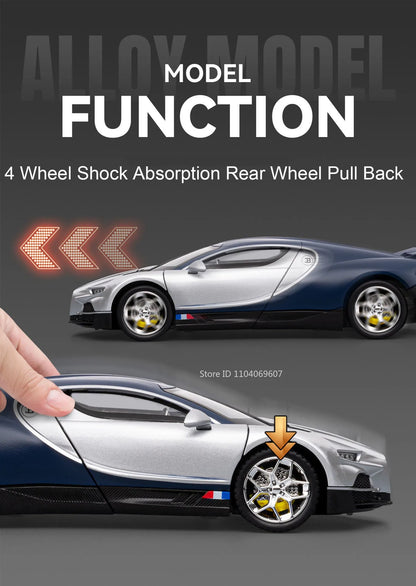 Bugatti Tourbillon, Nissan Skyline GTR, Model Sports 1:24 Car Alloy Diecast Sound Light Doors Opened Shock Absorption Ornament Supercar Toys Gift