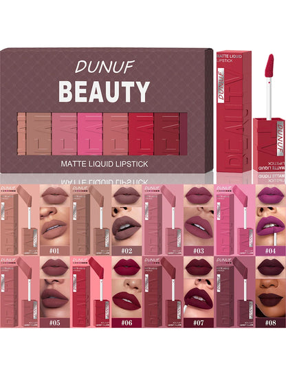 8Pcs/Set Nude Brown Matte Liquid Lipstick Velvet Sexy Dark Red Lip Glaze Non-stick Cup Not Easy To Fade Lip Gloss Lipstick Makeu