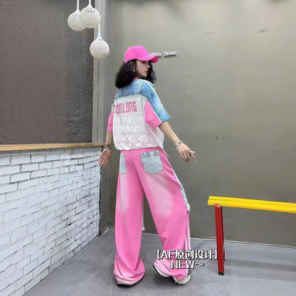 European Trend Suit Women's 2026 Summer New Printed Splicing Denim Ripped Loose Short-sleeved Straight Pants Tide