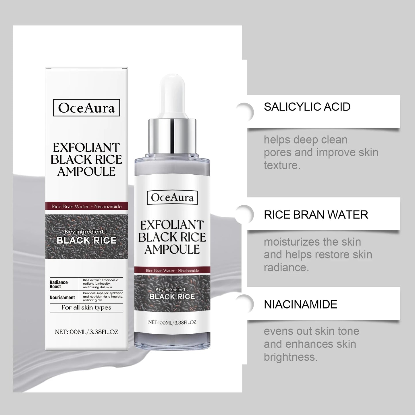 Black&White Rice Exfoliating Essence Dead Skin Remover Facial Glowing Replenisning Shrink Pore Hyaluronic Acid Brightening Serum
