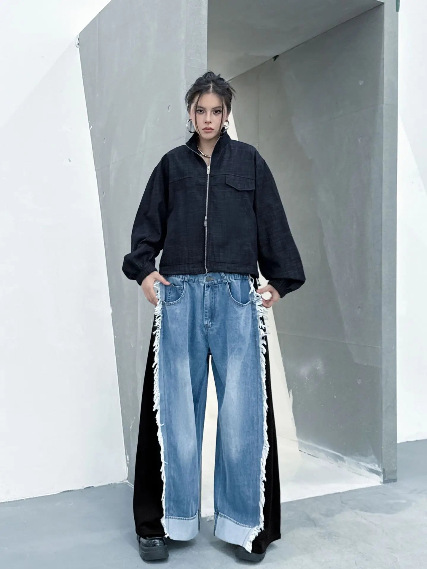 NYFS Europe United States Patchwork Loose plus Size Women's Jeans Elastic Waist Trousers Autumn Fashion Denim Wide-leg pants