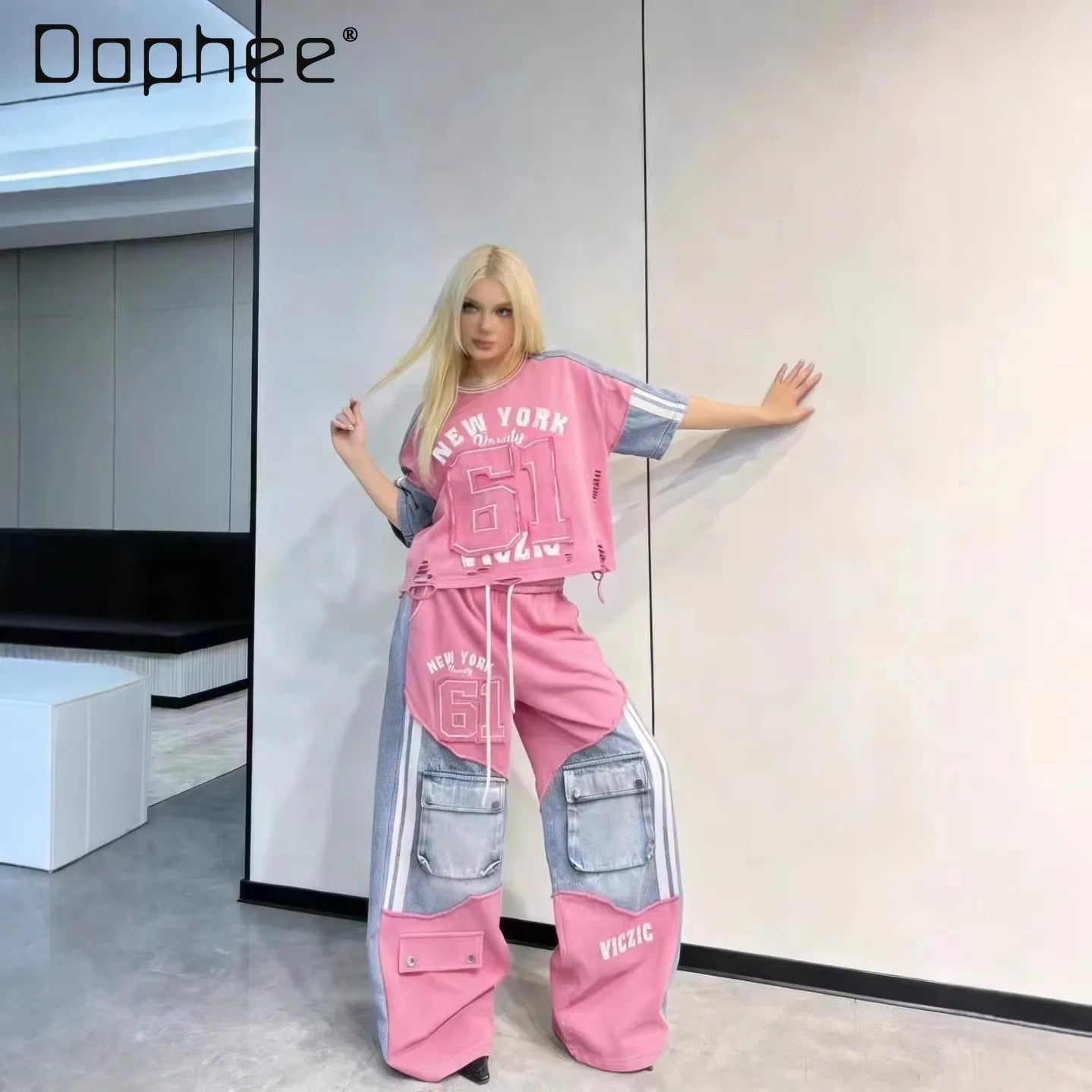 European Casual Suit Women's 2026 Spring and Summer New Letter-printed Trousers Denim Splicing Ripped Short-sleeved Top