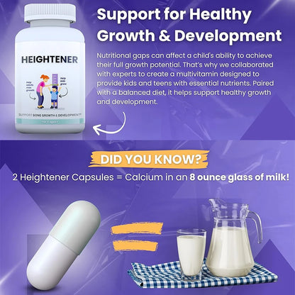 Heightener - Natural Height Growth 60 Capsules Supplement for Kids, Teens and Adults to Increase Bone Strength and Grow Taller, Height Pills