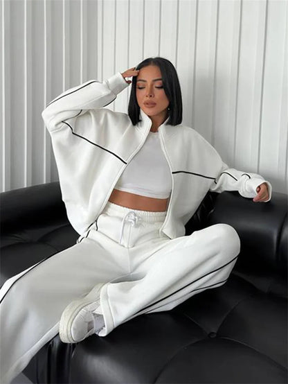 Sweatshirt Two-piece Suit Women's Oversize Striped Casual Sports Sets Zipper-up Short Jacket Straight Trousers 2-piece Sets