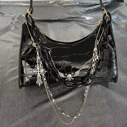 Gothic Dark Punk Underarm Bag With Skull Shoulder Bag Y2k Chain Crocodile Pattern Crossbody Bag  Popular Aesthetic Bags