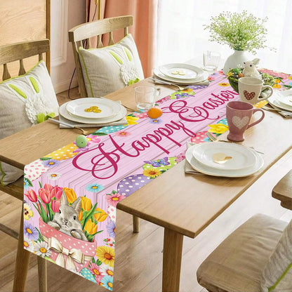 Easter Bunny Polyester Table Runner Happy Easter Decorations for Home Rabbit Butterfly Table Cloth Easter Party Supplies