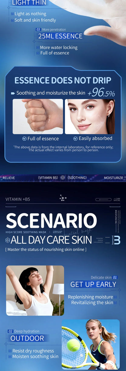 10pcs Vitamin B5 Sheet Mask 25ml - Hydrating & Soothing, Deep Moisture Care for Radiant Skin, Quick Absorption