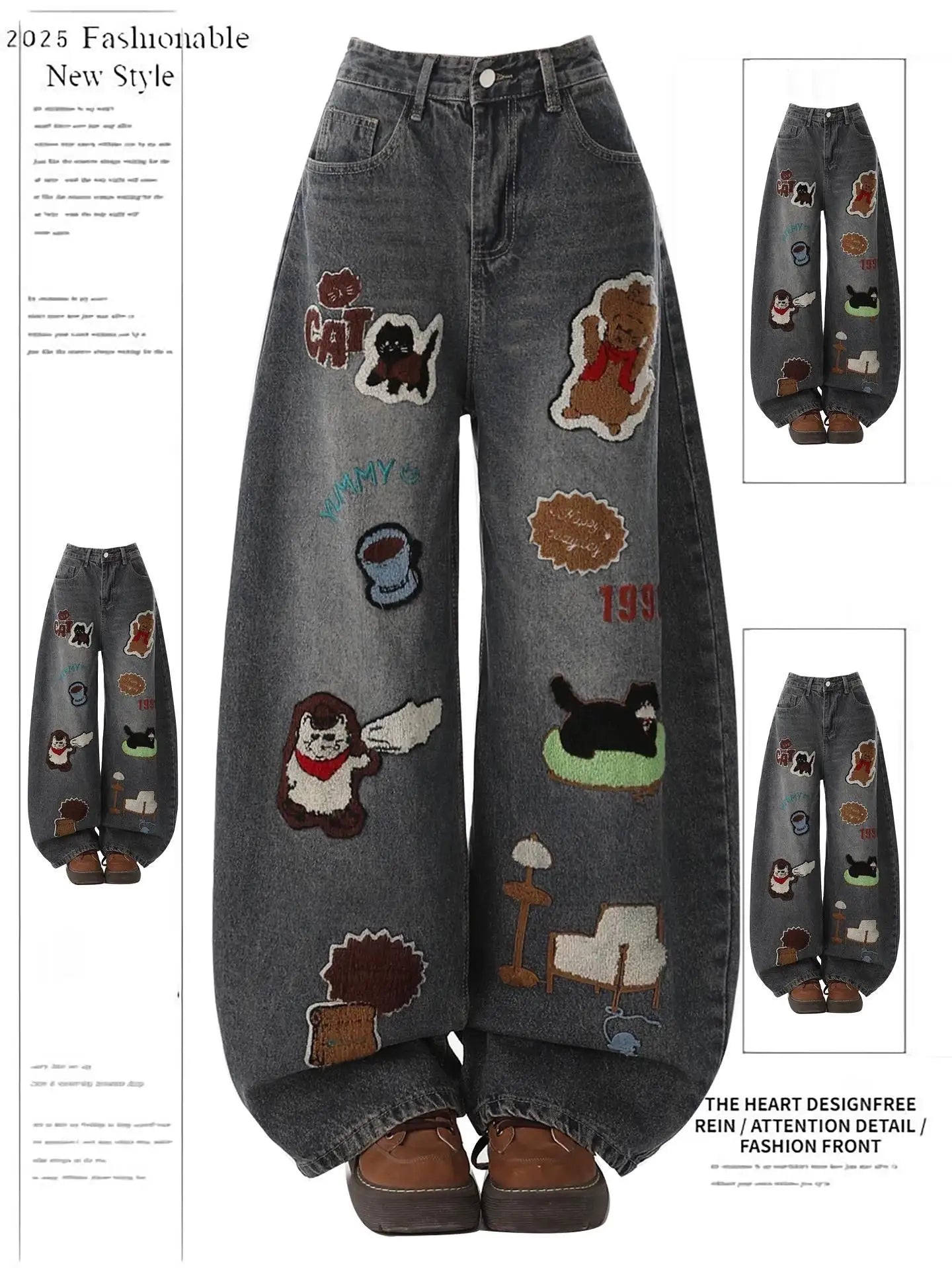 Fashion Y2K Baggy Pants Women's Cartoon Embroidery Loose Wide Leg Jeans Streetwear Aesthetic Casual Trousers
