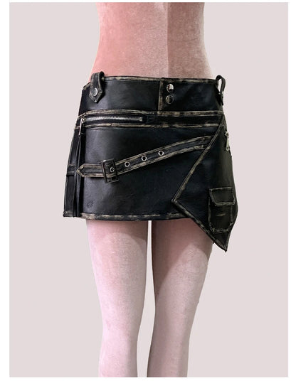 Mauroicardi Summer Cool Distressed Black Faux Leather Mini Asymmetrical Skirt Woman High Waist Short Luxury Designer Emo Clothes