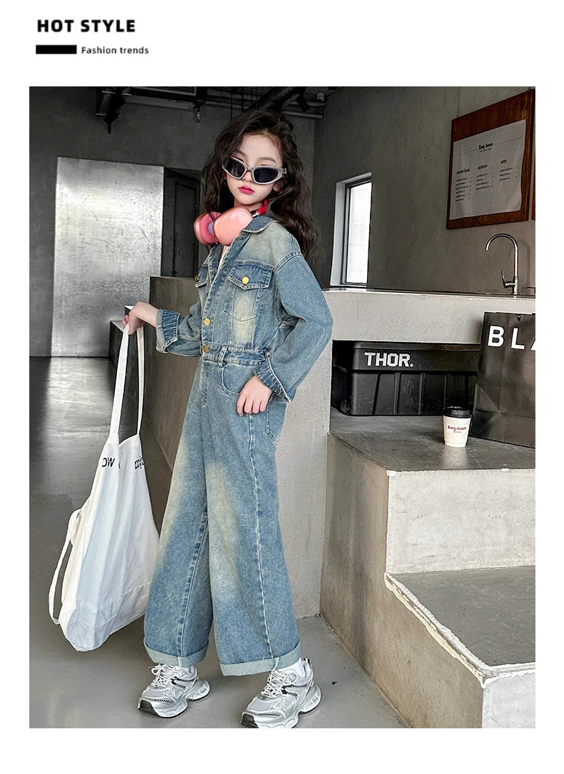 2025 Spring teen Kids girl Denim Jumpsuits Long Sleeve Overalls Children Fashion Jeans Loose Trousers Korean junior Girls Outfit