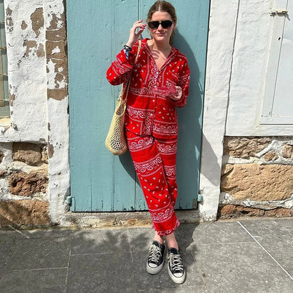 Women's Bandana Print Two Piece Set Boho Long Sleeve Shirt & Wide Leg Pants Matching Outfits for Beach Vacation Streetwear 2026