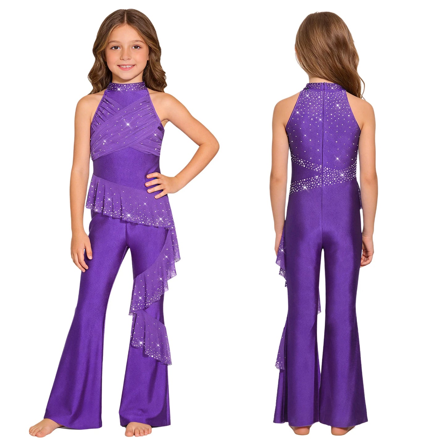 Kids Girls Figure Skating Jumpsuit Ballet Gymnastics Acrobatics Dance Leotard Sleeveless Shiny Rhinestones Ruffles Mesh Bodysuit