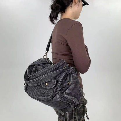 Y2K Street Personalized Women's Multi Pocket Shoulder Bag Large Capacity Retro Motorcycle Tote Bag