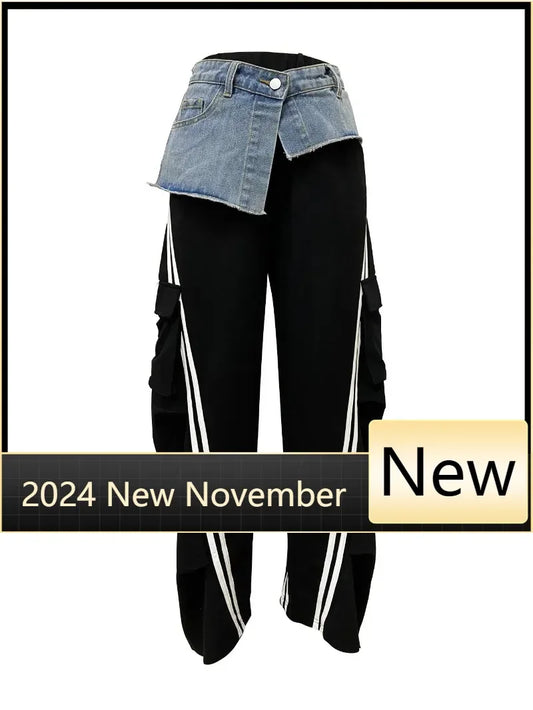 Customized Fashion Women Denim Patchwork Pocket Side Wide Leg Loose Jogger Pants Active Jean Splicing Sweatpants Trousers