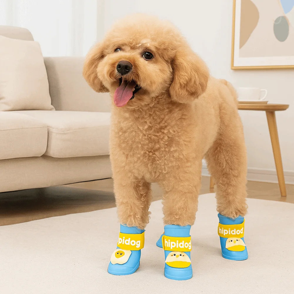 4Pcs/Set Silicone Pet Rain Boot Waterproof Anti Slip Sole Pet Paw Protector Cartoon Wear Resistance Outdoor Dog Footwear Outdoor