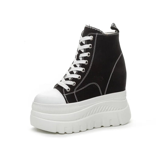 High Top (12CM) Women's Sneakers Casual Leather Lace up Boots Sneakers For Woman Spring Autumn Shoes High Heels Sneaker Shoes