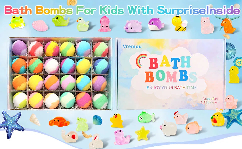 Bath Bombs for Kids with Surprise Inside, 24 Pack Natural Organic Kids Bubble Bath Fizzy for Girls Boys with Bath Toys Inside