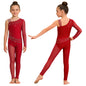 Kids Girls Ballet Dance Gymnastics Leotard Shiny Rhinestones Mesh Asymmetrical Jumpsuit for Figure Skating Acrobatic Performance