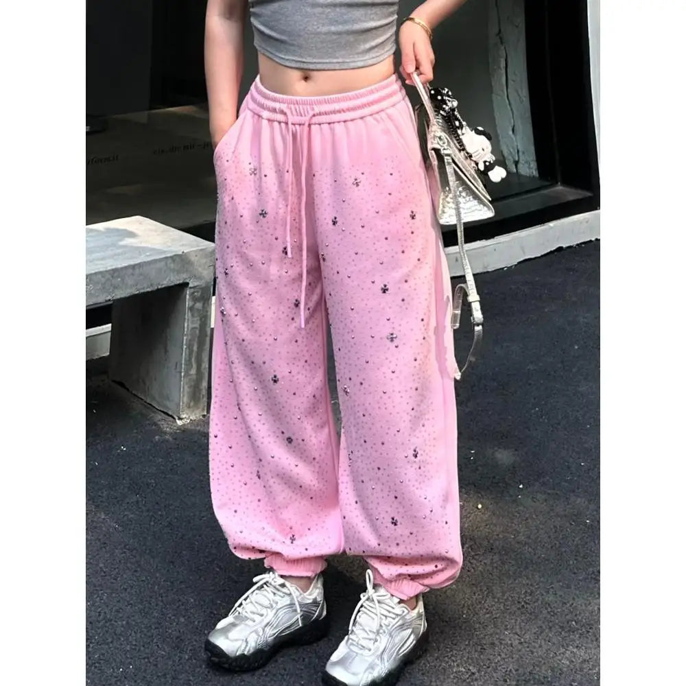 2026 Spring Hot Drilled Cotton Pants Women Elastic Waist Wide-Leg Pants Loose JLJ655