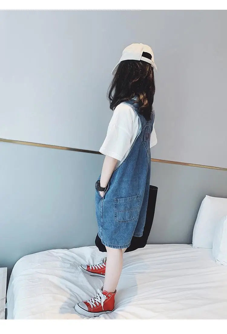 Girls' Fashionable Denim Overalls Medium Big Children's Casual Loose Denim Shorts Korean Style Baby Girl's Denim Overalls Shorts