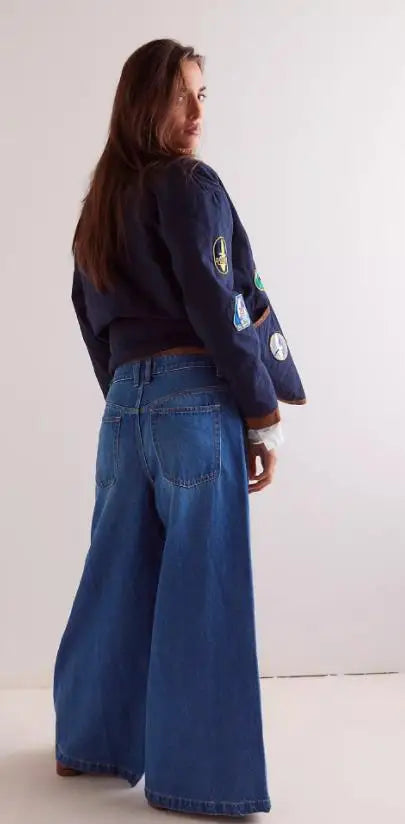 New European American Fashionable, Retro and Individuality Wide-leg Floor-length Denim Trousers with A Slit and Two-tone Design
