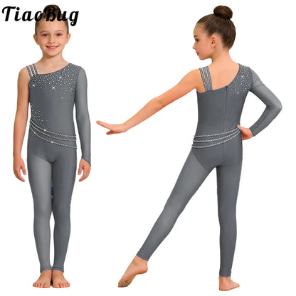 Kids Girls Ballet Dance Gymnastics Leotard Shiny Rhinestones Mesh Asymmetrical Jumpsuit for Figure Skating Acrobatic Performance