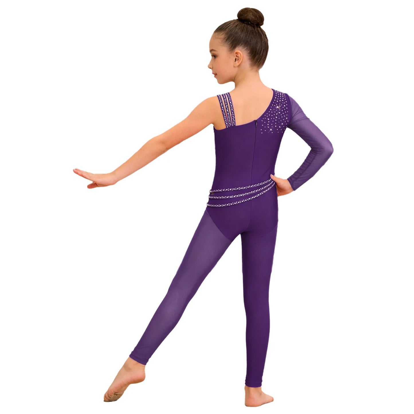 Kids Girls Ballet Dance Gymnastics Leotard Shiny Rhinestones Mesh Asymmetrical Jumpsuit for Figure Skating Acrobatic Performance