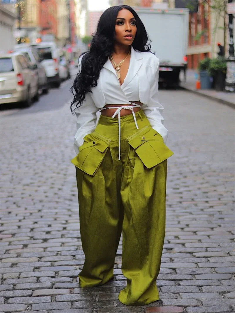 Solid Color Multi-pocket Loose Pants Women High Street Wide Leg Pants Straight High-waisted Oversized Y2K Trousers Pantalones