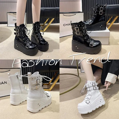 New Punk Women's Boots Wedges Ladies Shoes Patent Leather Boot Rivets Cosplay Ankle Boots Zip Ladies Gothic Motorcycle Boot