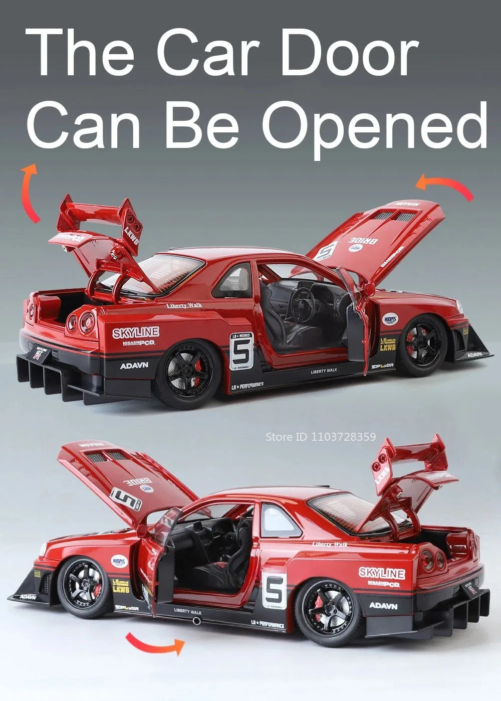 Bugatti Tourbillon, Nissan Skyline GTR, Model Sports 1:24 Car Alloy Diecast Sound Light Doors Opened Shock Absorption Ornament Supercar Toys Gift