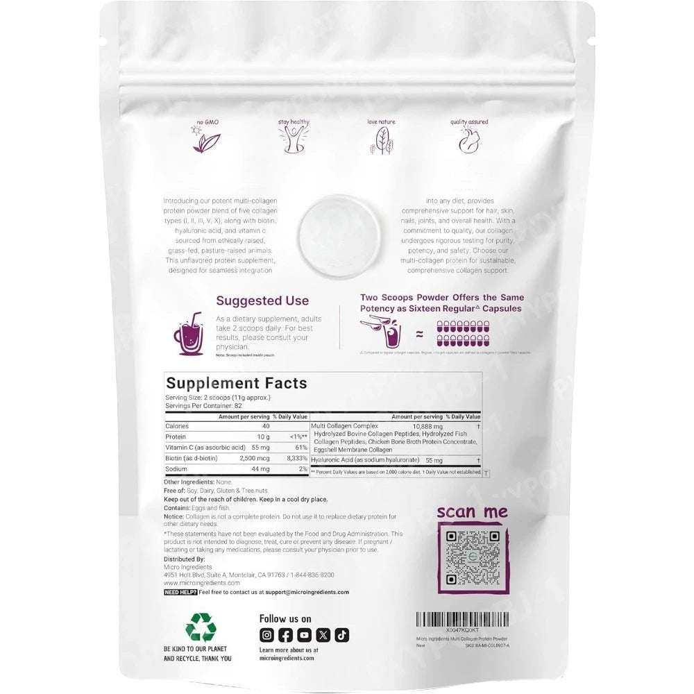 Multi Collagen Protein Powder 1 Pounds Type I II III V X with Biotin 10000mcg Hyaluronic Acid Vitamin C Unflavored Keto Paleo