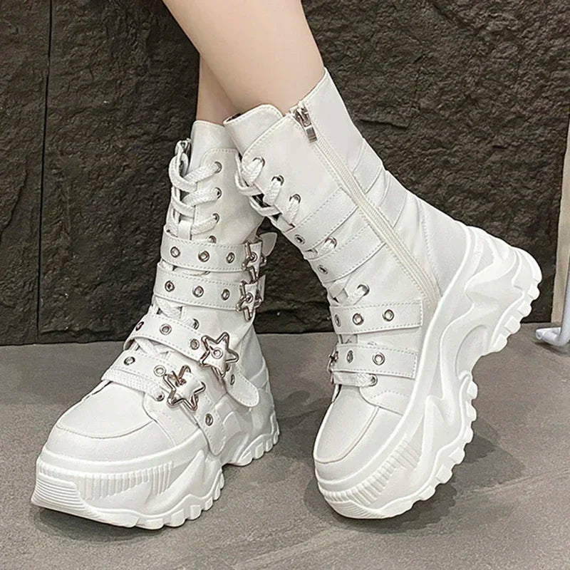 New Rock Platform Y2K Boots Women Summer 2026 Gothic Metal Star Belt Buckle Thick Sole Mid Calf Boots Woman Designer Punk Shoes