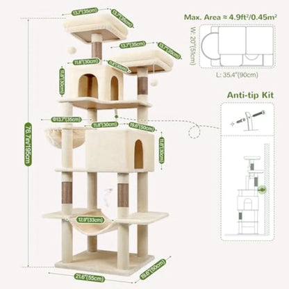 76-Inch Extra Tall Cat Tree Tower with Cozy Condos Hammock and Perches for Adult Cats Beige Multi-Level Furniture for Climbing