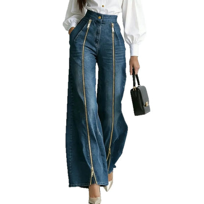 Women's Fashion Zipper Decor Slant Pocket Wide Leg Jeans Casual Pockets High Waist Elegant Loose Denim Trousers