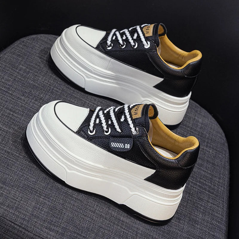 9cm 3 inch comfortable platform sneakers for women Genuine Leather Women Vulcanized Shoes Platform High Heels Casual Shoes 2026