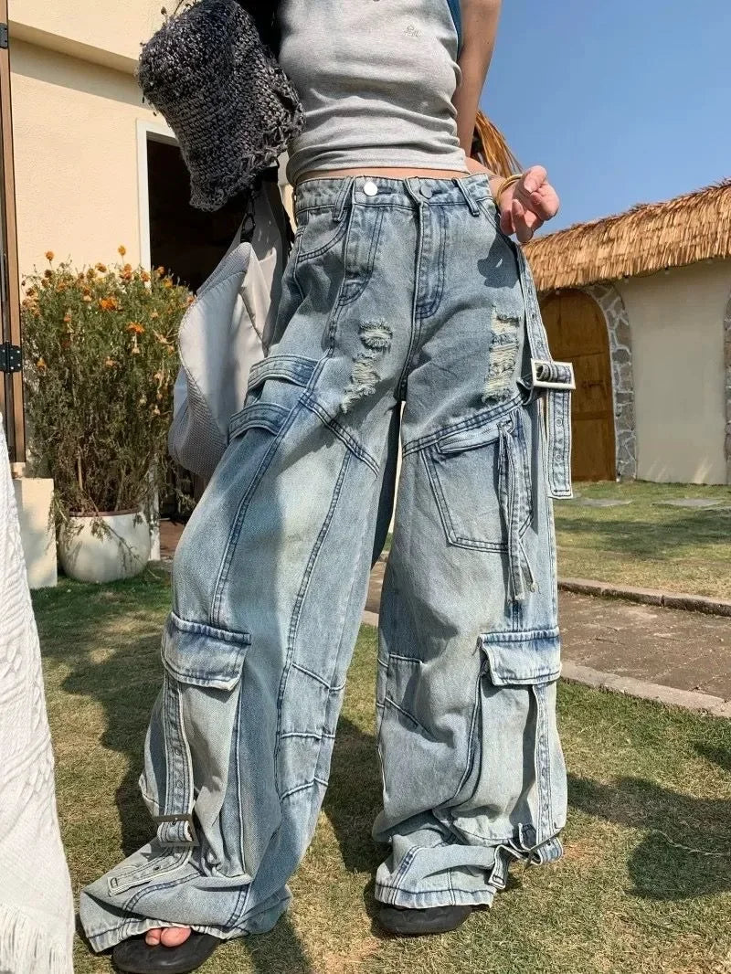American New Fashion Vintage Washing Heavy Industry Multi-pocket Tooling Jeans Female Y2K Street Popular Baggy Drop Pants Tide