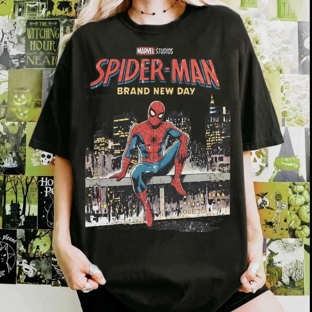 Spider-Man Brand 2026 New Movie New Day Tom Holland Retro Print T Shirt Men Women Y2K Harajuku Loose Casual Tee Street Fashion